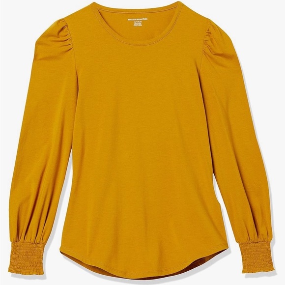 Gold Yellow Long Sleeve Crew Neck Smocked Cuff T-shirt EUC - Picture 1 of 4